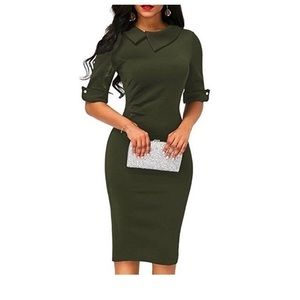 Military Green Turn Down Collar Dress